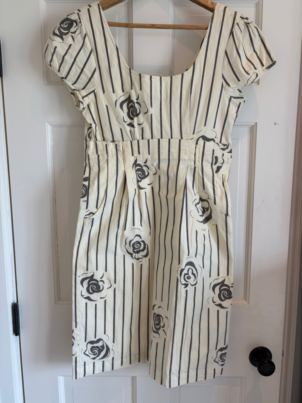 Cream and Black Striped Rose-Print Dress